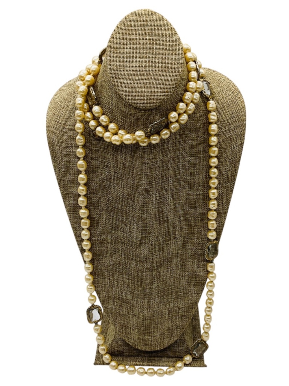 CHANEL VINTAGE 1981 CLEAR JUMBO CRYSTAL STATION AND PEARL LONG STRAND SAUTOIR NE - Picture 1 of 11